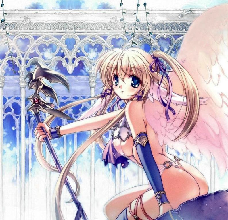 1girls angel angel_wings arm_support ass back bare_shoulders big_breasts blonde_hair blue_eyes blush breasts detached_sleeves erect_nipples hair_ribbon head_wings headwings huge_breasts ishida_hiroyuki large_breasts long_hair looking_back no_bra original ribbon sideboob single_thighhigh sitting slender_waist smile sole_female solo solo_female staff thighhighs tied_hair twintails underboob wings