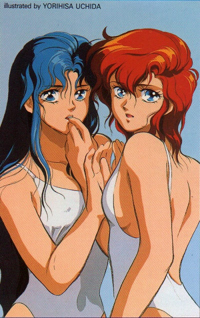 2girls 80s back blue_eyes blue_hair breasts competition_swimsuit erect_nipples finger_to_mouth hand_holding holding_hands jushin_liger kamishiro_mai kamishiro_yui long_hair multiple_girls navel official_art one-piece_swimsuit red_hair school_swimsuit short_hair sideboob swimsuit uchida_yorihisa white_school_swimsuit white_swimsuit