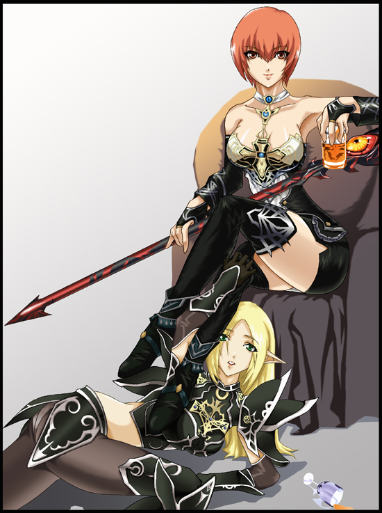 2girls armor ass blonde_hair boots chair elf glass green_eyes lineage lineage_2 miniskirt multiple_girls orange_eyes orange_hair panties pantyhose pointy_ears polearm red_hair short_hair sitting skirt spear thighhighs underwear warrior weapon white_panties