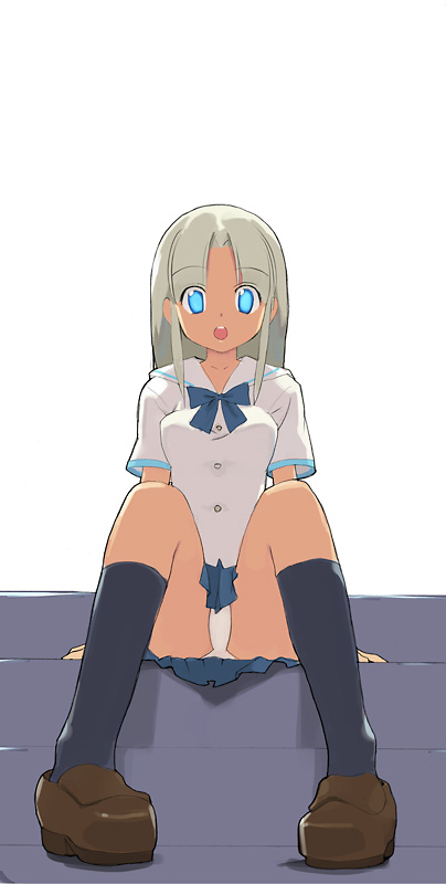 arm_support black_legwear black_socks blouse blue_eyes bow bowtie footwear kneehighs long_hair nora_higuma panties pantyshot school_uniform seifuku serafuku shoes silver_hair sitting skirt socks underwear white_panties