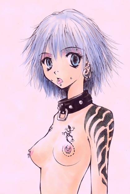 benkyo_tamaoki blue_eyes blue_hair bust collar nipple_piercing nipple_ring nipple_rings nipples nude piercing punk tamaoki tamaoki_benkyou tattoo topless