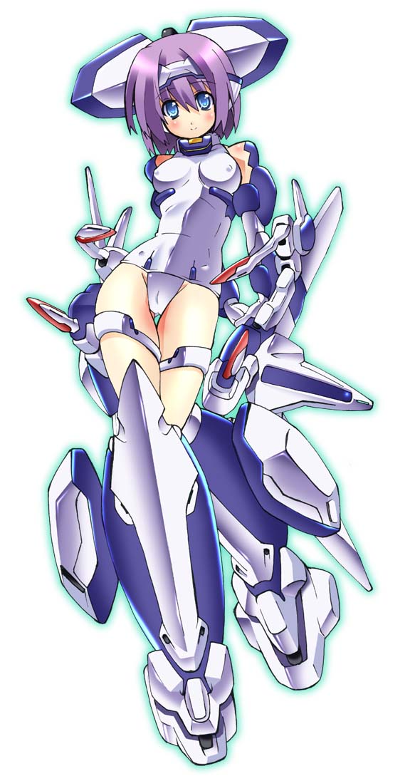 blush erect_nipples exelica mecha_musume one-piece_swimsuit original purple_hair school_swimsuit shinozuka_atsuto short_hair smile solo swimsuit thigh_band thigh_strap trigger_heart_exelica white_school_swimsuit