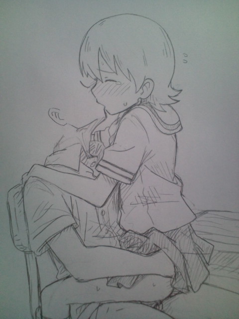 aioi yuuko, ass, ass grab, blush, clothed sex, female, kissing, monochrome, nichijou, oekaki, school uniform, sex, sitting, straddle, tears, tomubobu