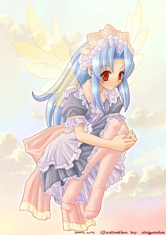 blue_hair fairy legwear maid original red_eyes shigatake stockings thighhighs wings