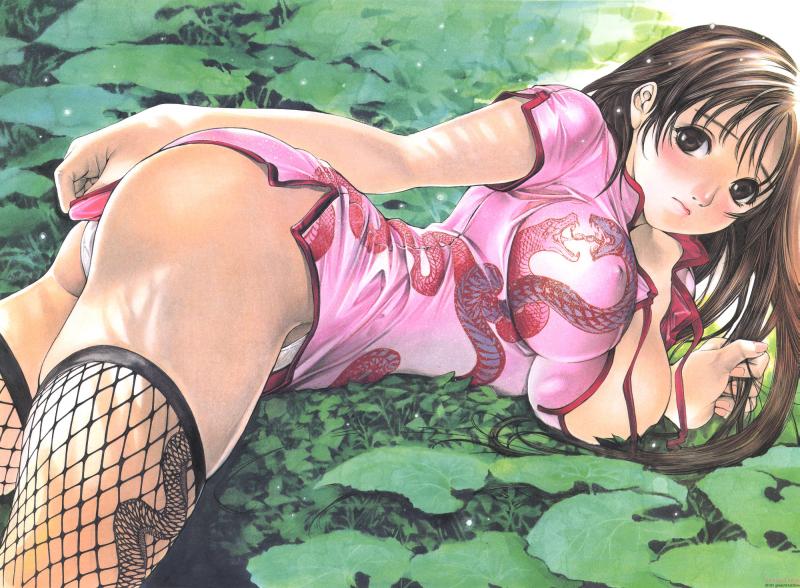 1girls ass blush breasts brown_eyes brown_hair china_dress chinadress chinese_clothes covering covering_ass dress dress_tug erect_nipples female female_only fishnet_legwear fishnet_stockings fishnets large_breasts legwear long_hair lying natsume_aya oh!_great on_side panties pink_dress solo stockings tenjou_tenge thighhighs underwear white_panties