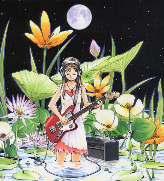 amplifier brown_hair cable closed_eyes dress electric_guitar fairy flower full_moon guitar headphones instrument jewelry long_hair minigirl moon musical_instrument necklace night night_sky original oversized_object plant sky solo sorame star_(sky) starry_sky surreal vip_quality wading water