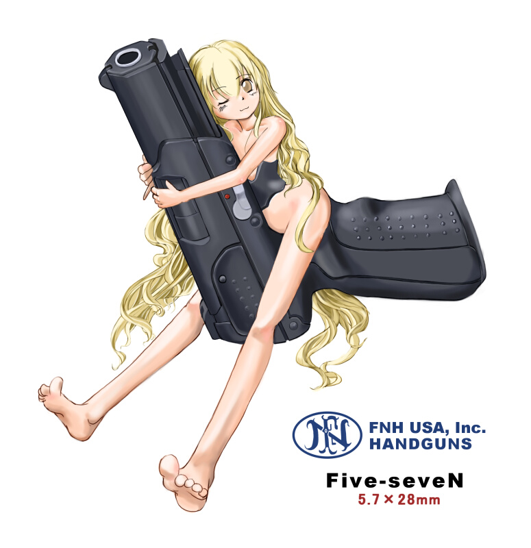 :3 barefoot blonde_hair brown_eyes feet five-seven_(gun) gun handgun long_hair long_legs minigirl nano_(character) nude personification pistol semiautomatic soles solo toes weapon