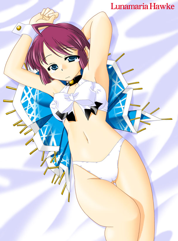 ahoge bed_sheet blue_eyes bow character_name cosplay erect_nipples gundam gundam_seed gundam_seed_destiny human k.m.station lunamaria_hawke midriff navel pia_carrot_(series) purple_hair sheets short_hair solo waitress welcome_to_pia_carrot_3