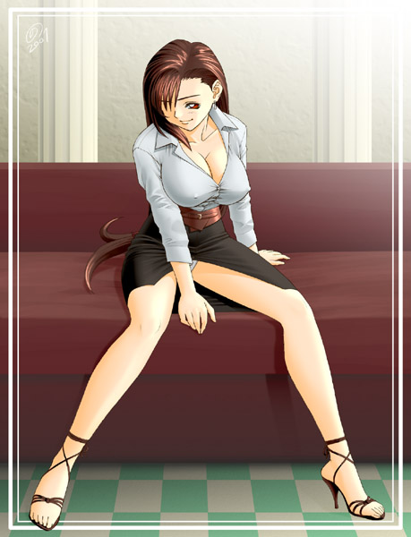 breasts brown_hair cleavage erect_nipples feet female female_only final_fantasy final_fantasy_vii high_heels human large_breasts legs long_hair long_legs lucky_earth_laboratory no_bra open_shoes open_toe_shoes panties sandals shoes sitting skirt solo spread_legs tatsunami_youtoku thighs tifa_lockhart toes underwear white_panties wink