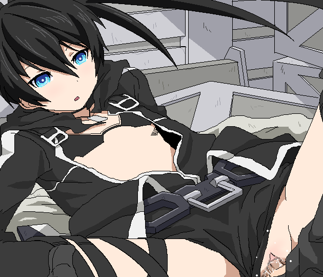 belt bikini_top black_hair black_rock_shooter black_rock_shooter_(character) blue_eyes blush clothed_sex female oekaki panties_aside sex shorts_aside tagme tomubobu