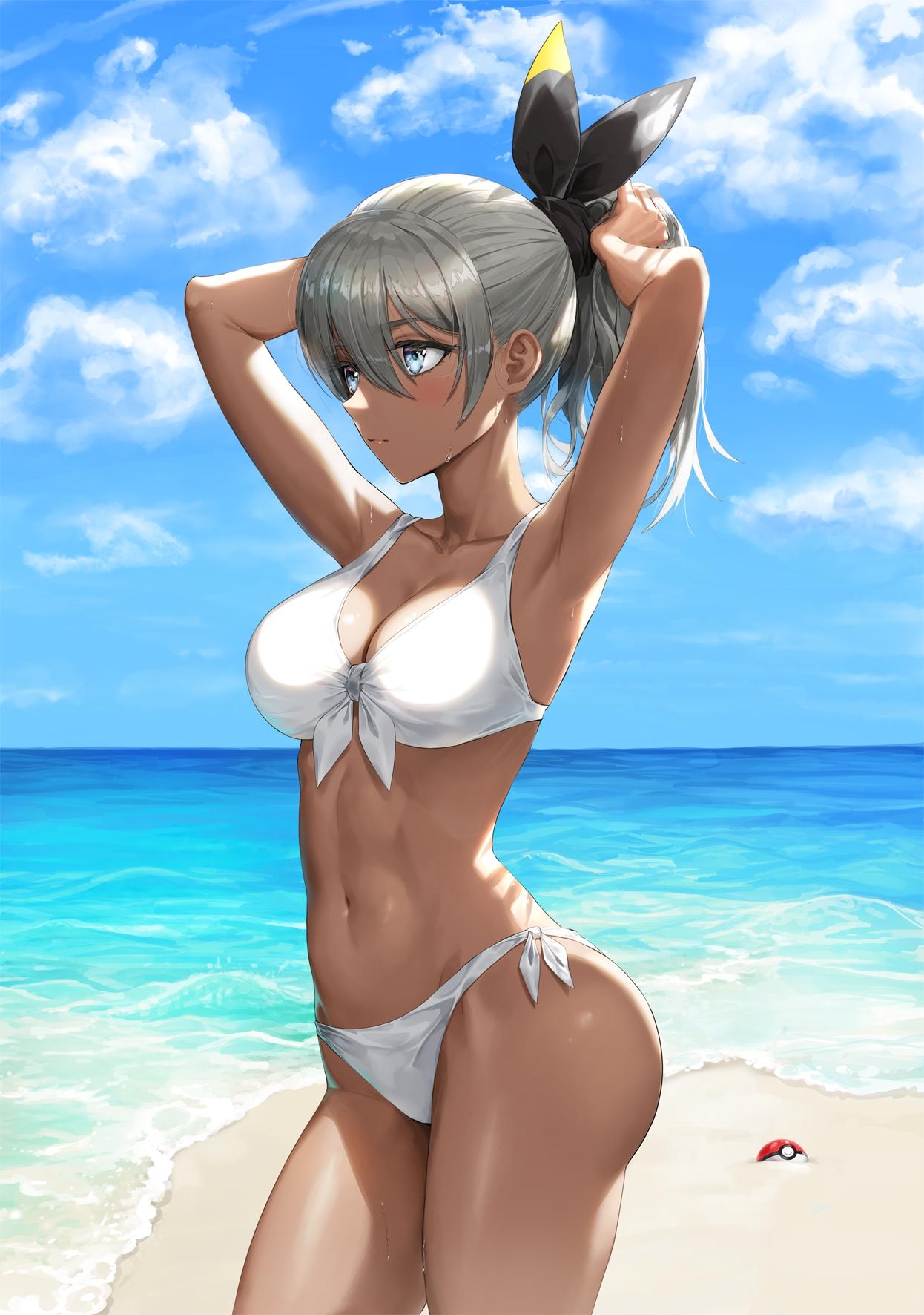 1girls, 2d, abs, armpits, ass, background, bea (pokemon), beach, belly, belly button, big ass, big breasts, big butt, bikini, blue eyes, bra, breasts, brown skin, brown-skinned female, collarbone, dark skin, dark-skinned female, ear, female, greem bang, hairband, hairclip, human, navel, nintendo, outside, pokemon, pokemon ss, round ass, sand, sea, seaside, slim waist, solo, swimsuit, thighs, tied hair, water, wet, wet hair, white bikini, white hair