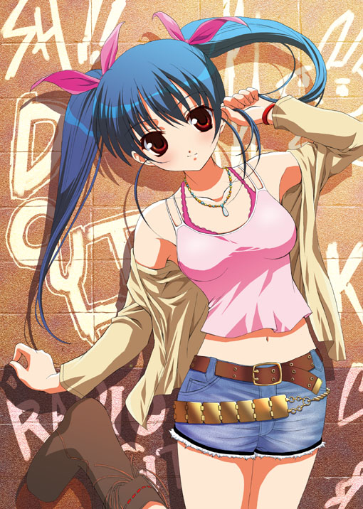 blue_hair boots camisole denim denim_shorts fumio jacket long_hair midriff red_eyes shorts tied_hair twintails