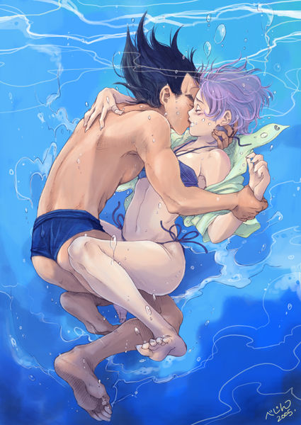 1boy 1girls 2005 barefoot bejin bikini bulma_briefs dragon_ball dragon_ball_z feet female human kissing male source_request straight swimsuit underwater vegeta water