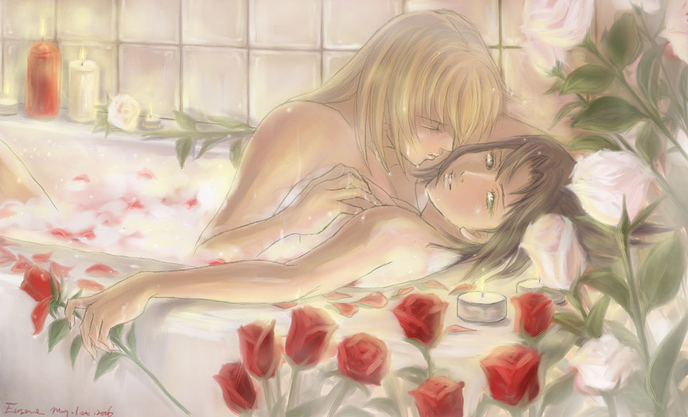 2girls bath bathtub blonde_hair breast_grab breasts brown_hair bubble_bath candle closed_eyes eugene female flower green_eyes maria-sama_ga_miteru multiple_girls nude petals rose rose_petals sei_satou water white_rose youko_mizuno yuri