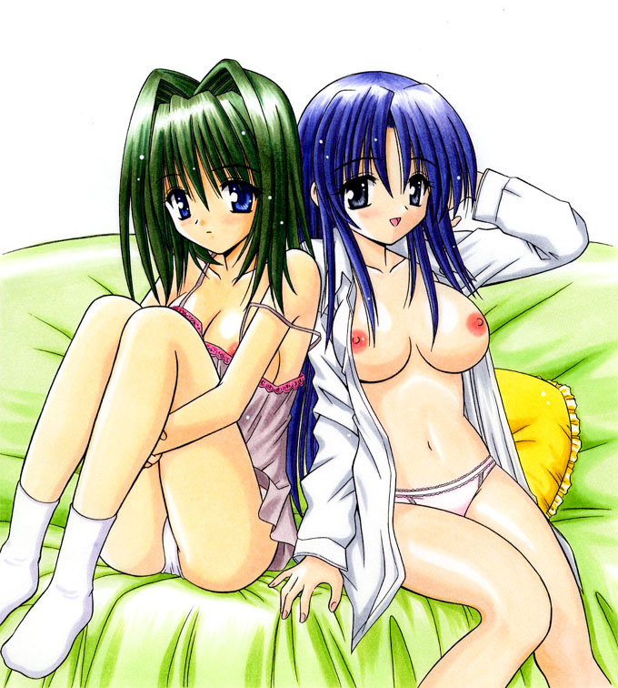 2girls :d :o adjusting_hair angelical_pendulum aoi_(kibou_rengetsu) back-to-back back_to_back bangs bed blue_eyes blue_hair blush bottomless breasts chemise cleavage embarrassed female footwear green_hair hair_intakes hazuki_(kibou_rengetsu) kibou_rengetsu lace lace-trimmed_panties leg_hold leg_hug legs lingerie long_hair matra_milan multiple_girls navel nipple_slip nipples no_pants official_art open_mouth pajamas panties pantyshot pantyshot_(sitting) pantyshot_sitting parted_bangs payot pillow pink_panties short_hair sideboob sitting smile socks strap_slip traditional_media underwear white_panties