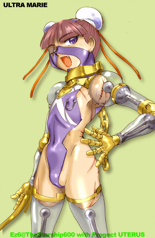 amputee bun_cover cute_fang cyborg double_bun ez6 nipple_piercing nipple_ring nipple_rings nipples one-eyed open_mouth piercing prosthesis quadruple_amputee scar stitches thighhighs