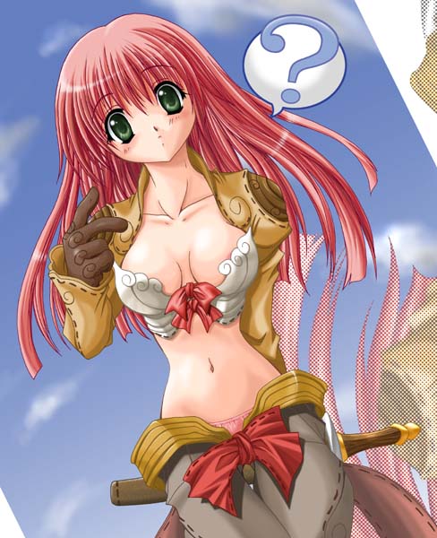 1girls ? blush bow breasts dutch_angle female gloves green_eyes long_hair long_sleeves midriff navel panties pants pink_panties ragnarok_online red_hair solo standing thief thief_(ragnarok_online) thigh_gap thighs underwear