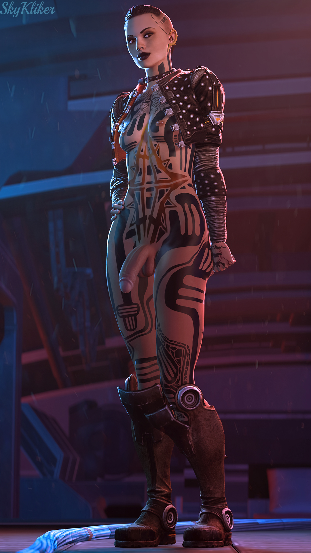 1futa, 3d, areolae, balls, breasts, erect nipples, futa only, futa sans pussy, futanari, half-erect, intersex, jack (mass effect), mass effect, nipples, nude, penis, skykliker, small breasts, solo, source filmmaker, tattoo, testicles