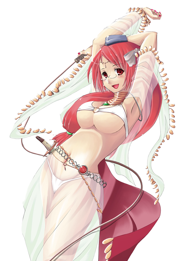 arabian_clothes armpits arms_up belly_chain bra breasts chain_belt dancer dancer_(ragnarok_online) female female_only fourthcape glasses harem_outfit highleg highleg_panties lingerie long_hair low-tied_long_hair misaki_takahiro nipple_slip nipples panties ragnarok_online red_eyes red_hair see-through smile solo standing underboob underwear whip white_bra white_panties