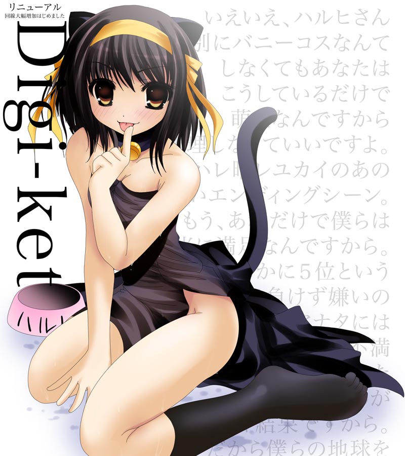 animal_ears blush brown_hair cat_ears collar dress female female_only footwear hairband namamo_nanase no_panties short_hair socks solo suzumiya_haruhi suzumiya_haruhi_no_yuuutsu tail tomoeda