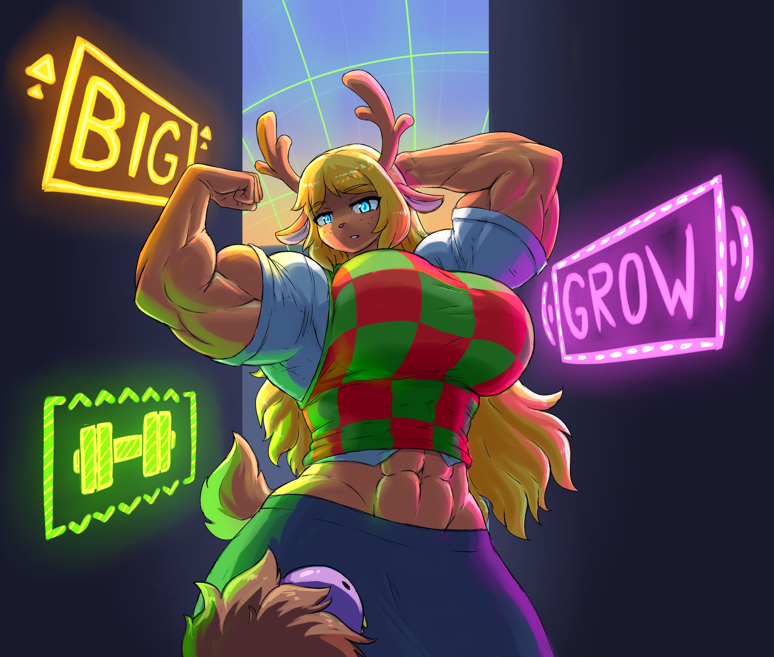 anthro, big breasts, blonde hair, breasts, deltarune, female, female focus, female only, muscular, muscular female, noelle holiday, sheepapp, susie (deltarune)