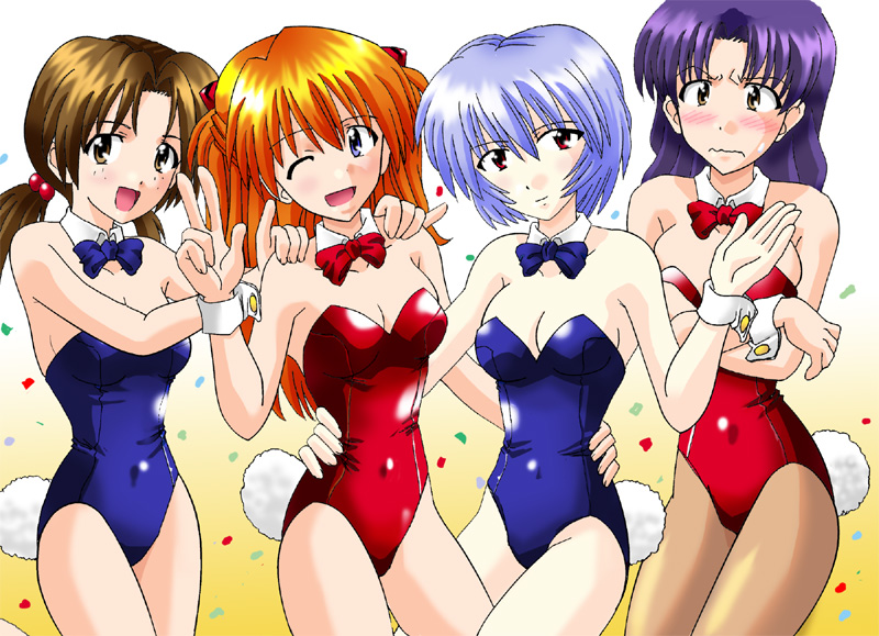 4girls asuka_langley_sohryu bare_legs blue_eyes blue_hair blush bowtie brown_eyes brown_hair bunny_girl bunny_tail bunnysuit clothing embarrassed female female_only freckles hair_ornament hikari_horaki leotard misato_katsuragi multiple_girls neon_genesis_evangelion orange_hair pantyhose purple_hair red_eyes red_hair rei_ayanami tail tied_hair twintails wrist_cuffs