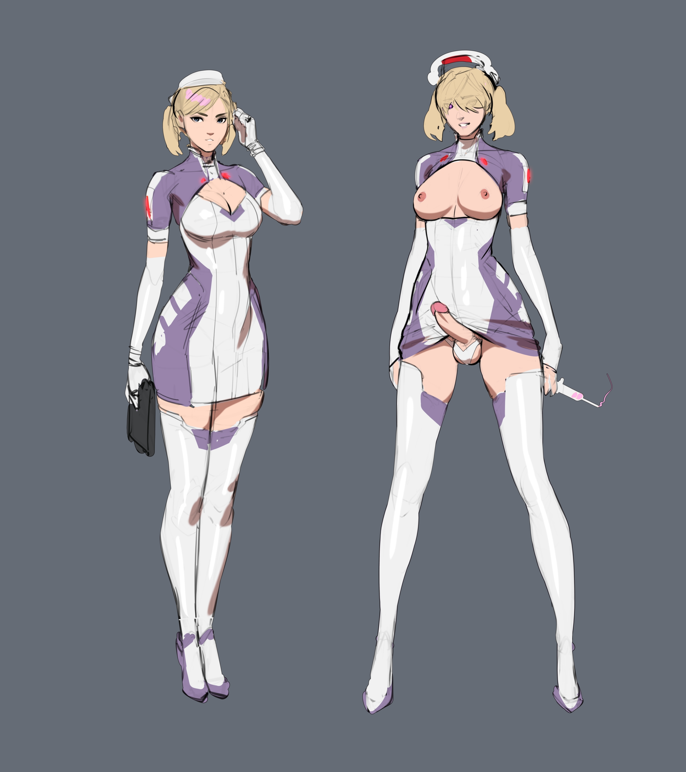 1futa, areolae, armwear, balls, balls bulge, balls in panties, balls under clothes, blonde hair, breasts, breasts out, cleavage, clothed, clothing, covered eyes, dickgirl, duo, elbow gloves, erect nipples, erect penis, erection, erection under clothes, erection under skirt, exposed breasts, exposed penis, fully clothed, futa only, futanari, gloves, hair over eyes, high heels, human, intersex, light skin, light-skinned futa, mole on breast, mostly clothed, nipples, nurse, nurse uniform, panties, panty bulge, penis, penis out, penis under clothes, penis under skirt, short hair, skirt, skirt lift, small clothes, small panties, standing, stockings, tarakanovich, thighhighs, twintails, wide hips