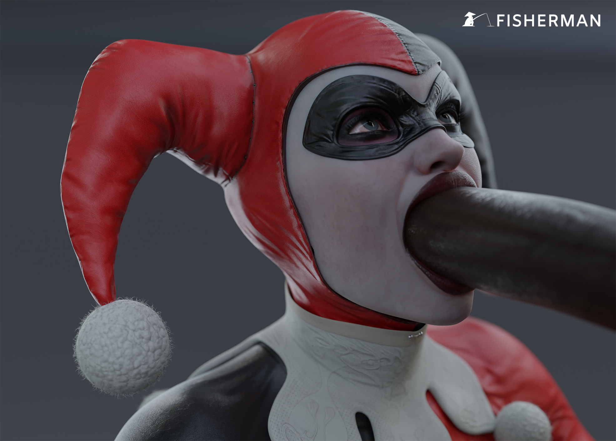 1boy, 1girls, 3d, alternate version available, batman (series), big penis, blender, blowjob, blue eyes, clothed female nude male, dark skin, dark-skinned male, dc, dc comics, deepthroat, fellatio, female, fisherman 2020, giving head, gray background, harley quinn, harley quinn (classic), harley quinn (injustice), huge cock, injustice 2, interracial, jester, jester cap, jester costume, light skin, light-skinned female, male, mask, masked, masked female, nude, nude male, penis, simple background, smile, watermark