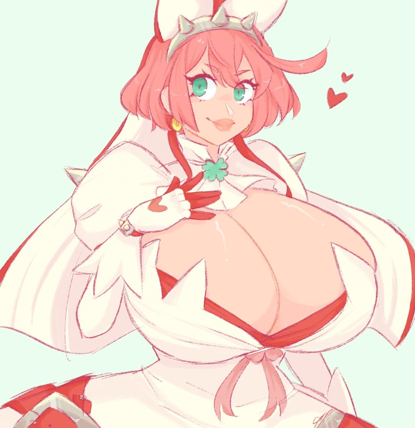 1girls, breasts, bunny ears, cleavage, elphelt valentine, female, guilty gear, guilty gear xrd, hand on breast, heart, huge breasts, large breasts, pink hair, plump lips, short hair, spookiebuni, wedding dress