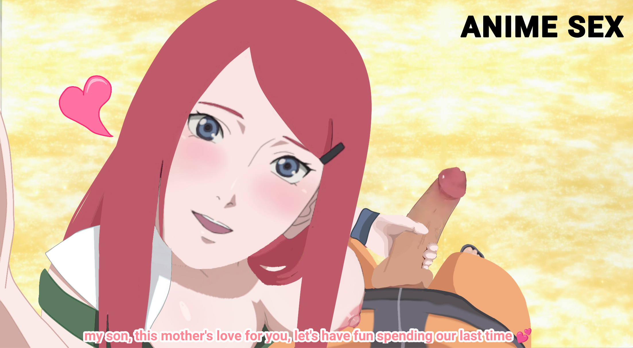 big penis, eye contact, female, handjob, incest, love, male, mother and son, naruto, naruto (series), naruto shippuden, penis, text, uzumaki kushina, uzumaki naruto