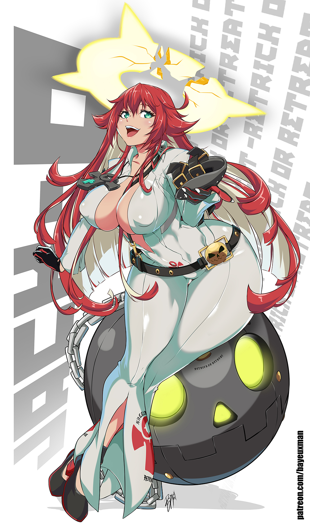 1girls, ass, bayeuxman, big breasts, breasts, fat ass, female, guilty gear, halo, huge ass, huge breasts, jack-o' valentine, long hair, mask, onesie, red hair, thick thighs, thighs