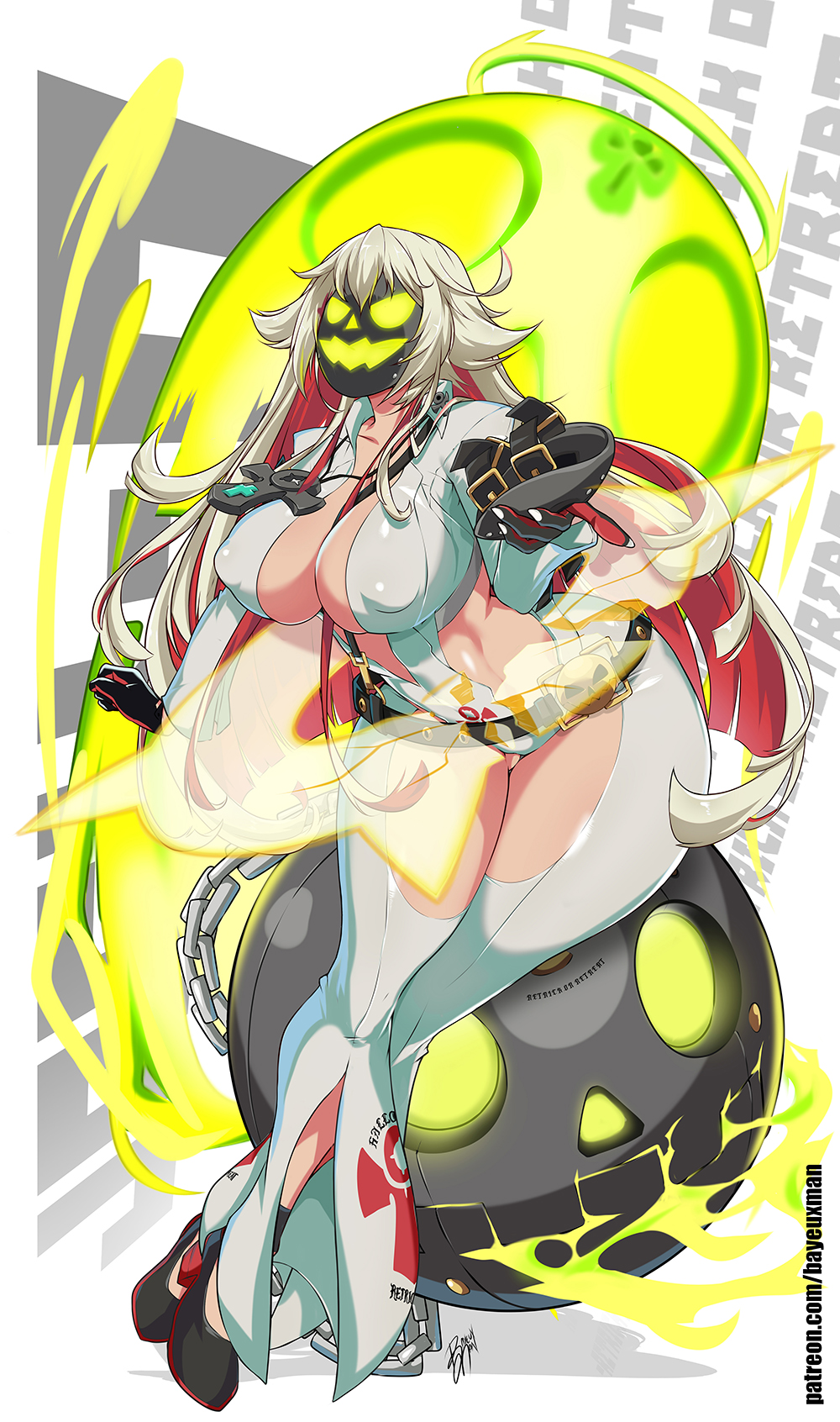 1girls, ass, bayeuxman, big breasts, breasts, female, guilty gear, guilty gear xrd, halo, huge ass, jack-o' valentine, long hair, mask, onesie, red hair, thick thighs, white hair
