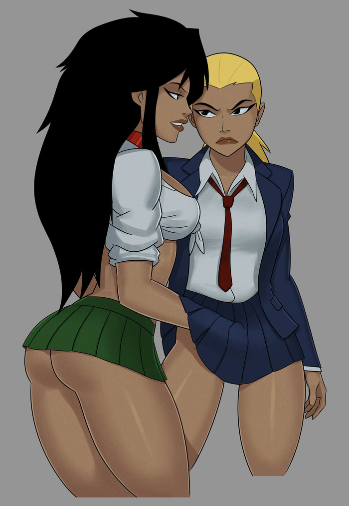 artemis_(dc) artemis_crock black_hair blonde_female cheshire clothed dc dc_comics fingering implied_fingering incest jade_nguyen school_uniform sisters slutty_outfit something_unlimited sunsetriders7 tied_shirt young_justice yuri