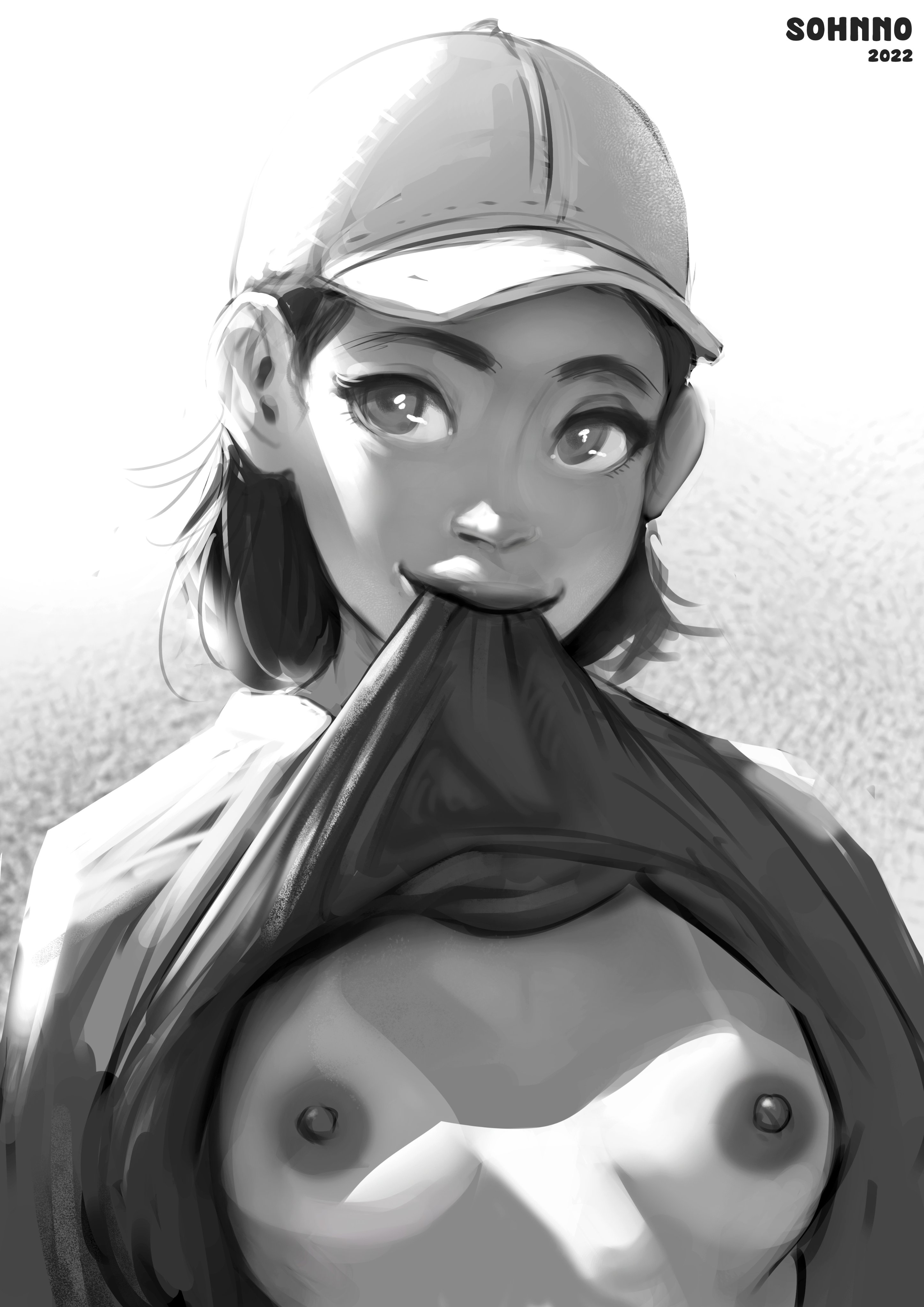 1girls, black and white, black hair, breasts, cap, exposed breasts, female, female focus, female only, lola (sohnno), looking at viewer, monochrome, nipples, original, original character, partially clothed, small breasts, sohnno, tan skin, tanline