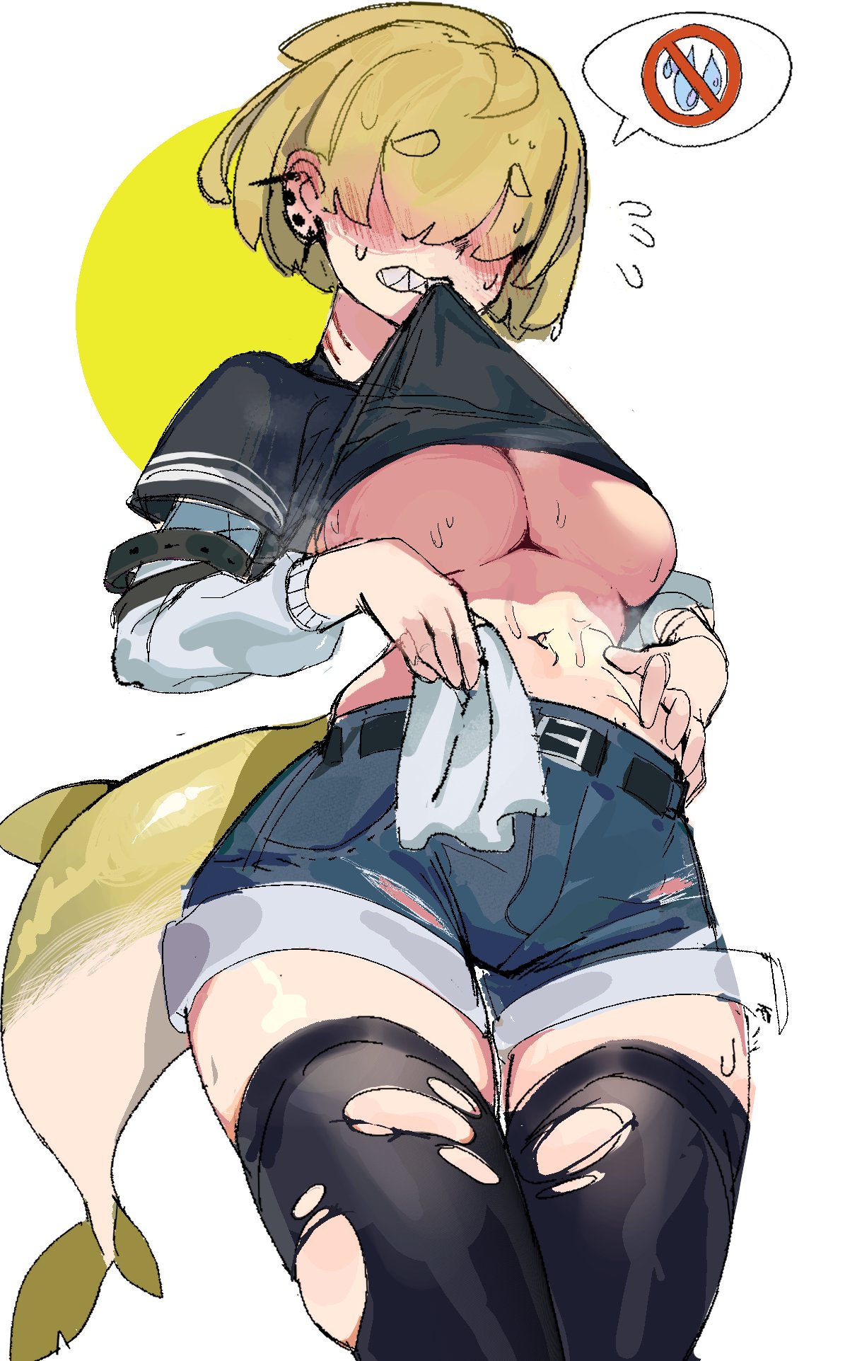 big_breasts biting_clothes blonde_hair blush breasts clothes curvy earrings ennhentai eyes_covered fake_enn hair_covering_eyes hair_over_eyes jean_shorts lifting_shirt luca_(ennhentai) original_character shark_girl shark_tail sharp_teeth shirt_lift shirt_up short_hair stomach streetwear sweat sweating sweaty thick_thighs torn_legwear underboob white_background