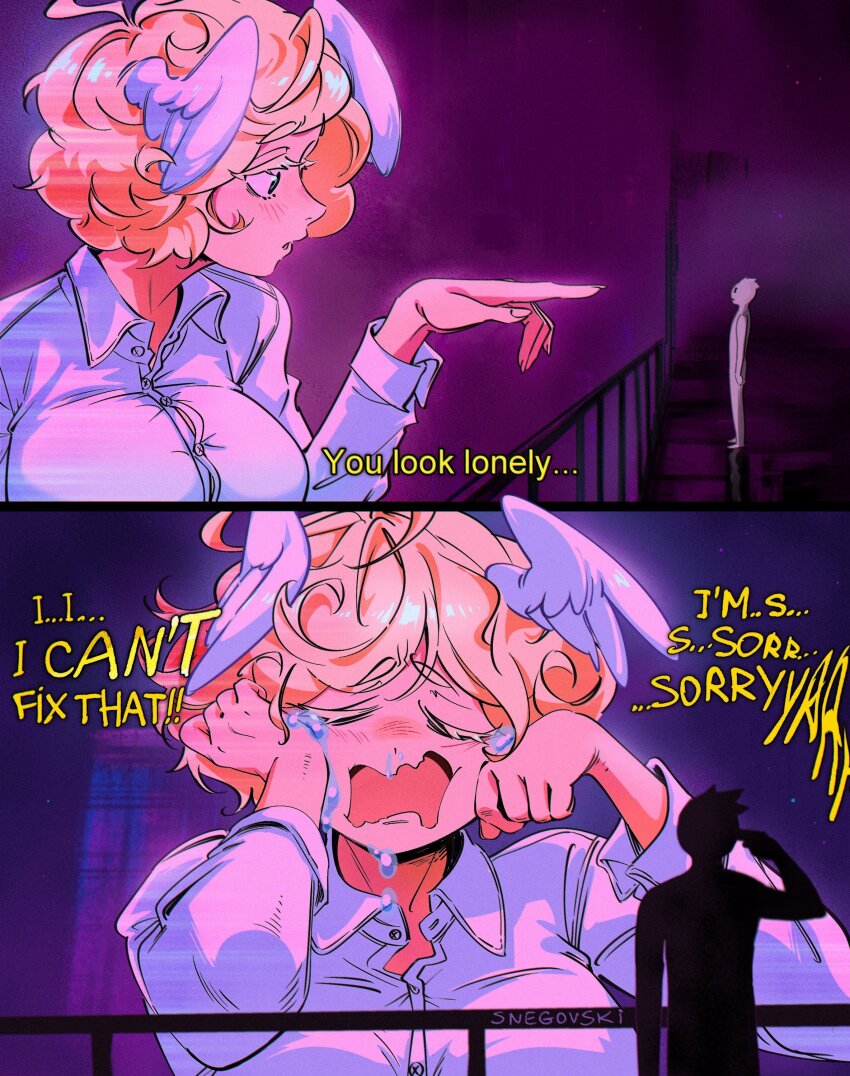1boy, 1girl, absurdres, angel, angel wings, blade runner (series), blade runner 2049, blonde hair, blue eyes, breasts, button gap, closed eyes, collared shirt, commentary, crying, english commentary, english text, failgirl, gabi (snegovski), girlfailure, gun, gun to head, halo ahoge, hands on own face, highres, holding, holding gun, holding weapon, hologram, large breasts, looking at another, meme, open mouth, original, pointing, pointing at another, shirt, short hair, signature, snegovski, streaming tears, talking, tears, weapon, white shirt, wings, wiping tears, you look lonely (meme)