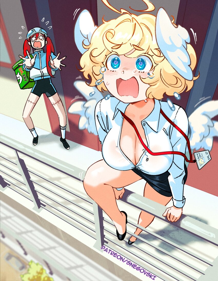 2girls, angel, angel wings, bare legs, black footwear, black skirt, blonde hair, blue eyes, breasts, bursting breasts, cleavage, collared shirt, crying, curvy, feathered wings, feathers, from above, gabi (snegovski), halo ahoge, head wings, high heels, highres, id card, lanyard, large breasts, long sleeves, multiple girls, narrowed eyes, office lady, open mouth, original, partially unbuttoned, patreon username, pencil skirt, pink pupils, popped button, railing, shirt, skirt, snegovski, swept bangs, tears, thick eyebrows, white shirt, wings