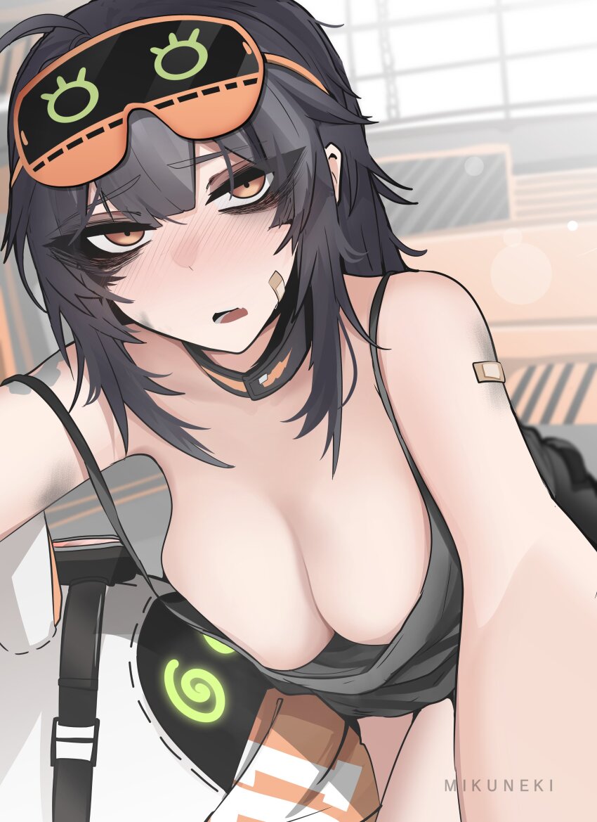 1girl, absurdres, ahoge, artist name, bandaid, bandaid on arm, bandana, bangboo (zenless zone zero), black choker, black hair, black tank top, blush, breast rest, breasts, breasts on head, choker, cleavage, commentary, english commentary, eous (zenless zone zero), goggles, grace howard, hair between eyes, highres, large breasts, leaning forward, long hair, looking at viewer, mask, mask on head, messy hair, mikuneki, open mouth, orange bandana, orange eyes, shoulder tattoo, sleep mask, strap slip, tank top, tattoo, waking up, zenless zone zero