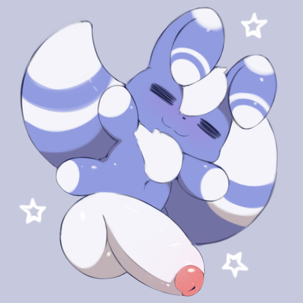 anthro balls big_penis fisuku flying genitals huge_cock hyper hyper_genitalia hyper_penis male male_meowstic meowstic nintendo penis pokémon_(species) pokemon solo star video_games