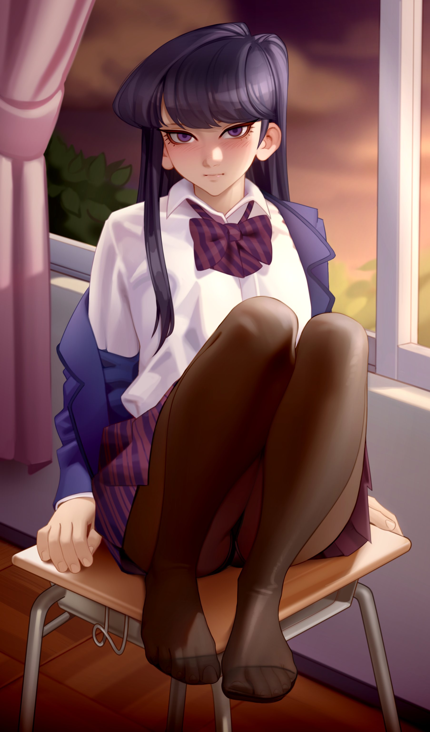 1girls, black hair, blush, classroom, detailed background, feet focus, female, female only, kairuhentai, kairunoburogu, komi shouko, komi-san wa komyushou desu, long hair, looking at viewer, pantyhose, purple eyes, school uniform, schoolgirl, sitting, sitting on desk, skirt, solo, solo female, very high resolution