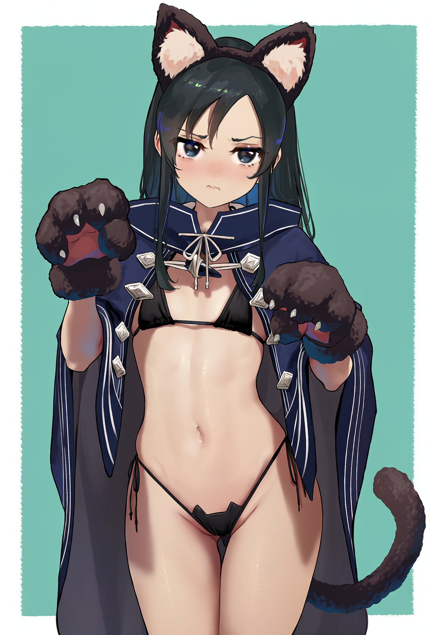 artist request, belly, belly button, bikini, black eyes, black hair, blush, cat ears, cat tail, catgirl, cute, cute expression, female, female only, flat chest, hips, hips wider than shoulders, looking at viewer, mushoku tensei, nanahoshi shizuka, small breasts