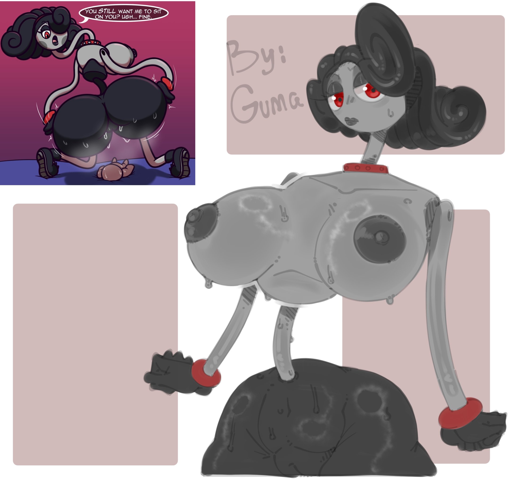 1girls, 2d, 2d (artwork), alternate color, alternate costume, alternate design, alternate universe, areola bulge, areolae, black eyeshadow, black hair, black lipstick, bracelets, breasts, breasts apart, breasts bigger than head, dark nipples, dark skin, female, goth, gray body, gray skin, guma, huge breasts, jewelry, living sex toy, living toy, looking at viewer, mommy long legs, monster, multiple images, nipples, poppy playtime, red bracelet, red eyes, reference image, rubber, simple background, sweat, sweaty, sweaty body, toy, two-tone body, unusual anatomy, upper body, yungcreateart