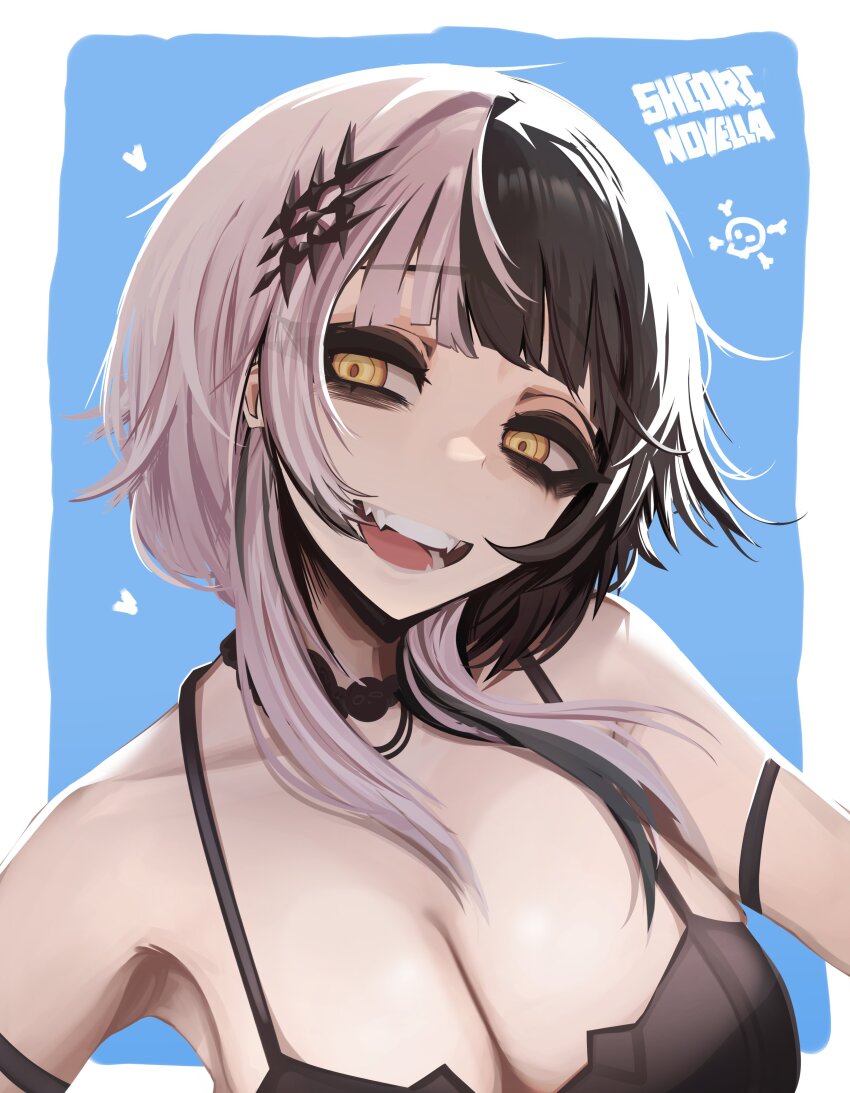 1girl, absurdres, arm strap, black choker, black dress, black hair, breasts, character name, choker, cleavage, commentary, dress, grey hair, hair ornament, highres, hololive, hololive english, lace, lace choker, lace trim, lace-trimmed choker, large breasts, long hair, looking at viewer, mikuneki, multicolored hair, open mouth, shiori novella, smile, solo, two-tone hair, virtual youtuber, yellow eyes