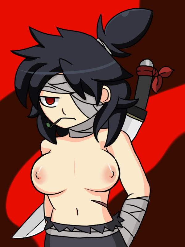 bandage bandage_on_face bandage_over_one_eye bandages big_hair black_hair boobs breasts breasts_out breasts_outside buddy_armstrong iggy-bomb lisa_(series) lisa_the_joyful lisa_the_painful long_hair nipples no_bra pants pink_nipples ponytail red_eyes scars sword third-party_edit white_body white_skin