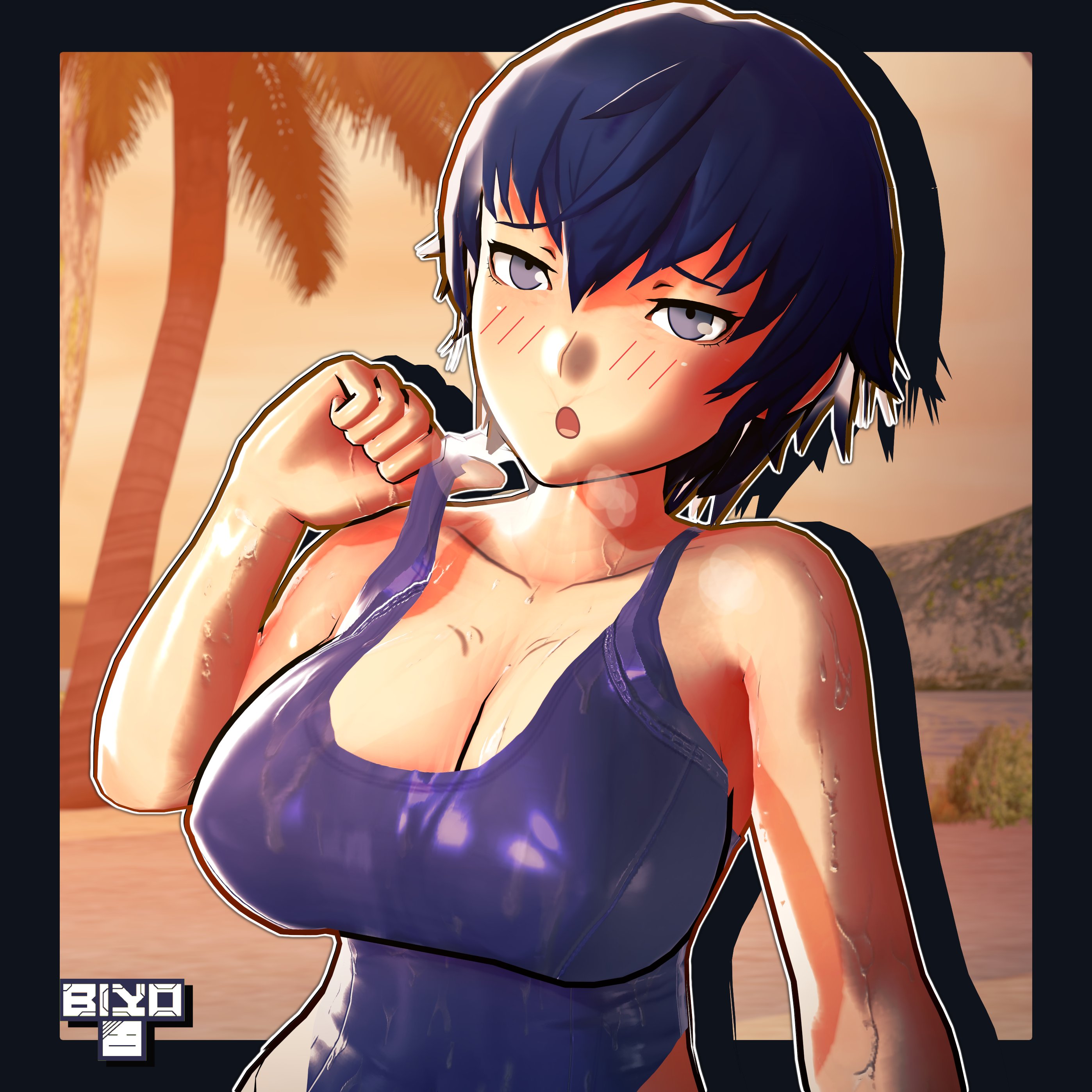 1girls, 3d, atlus, big breasts, biyo, blue hair, blush, cleavage, female, large breasts, one-piece swimsuit, persona, persona 4, shirogane naoto, shirogane naoto (swimsuit), short hair, swimsuit, tomboy, wet