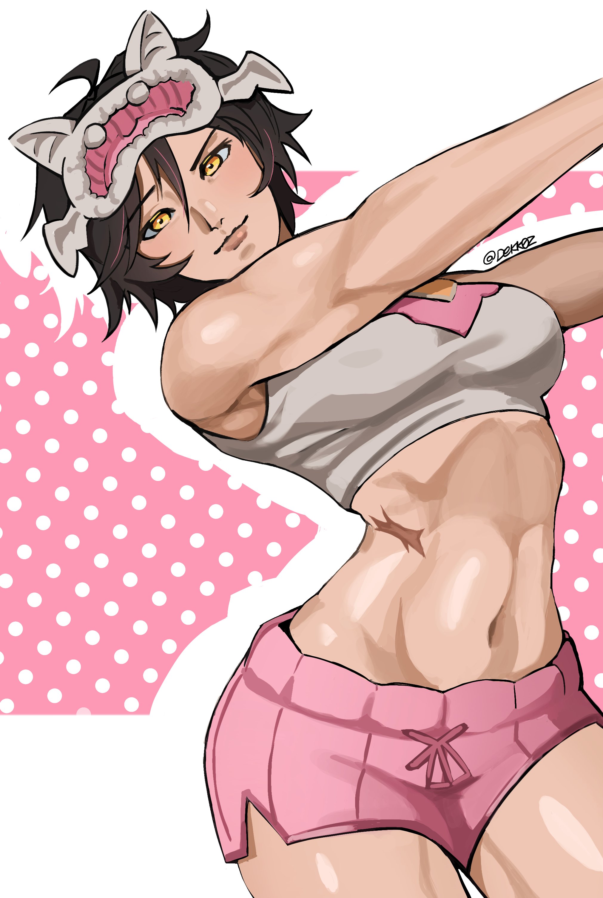 1girls, 2d, abs, asian, asian female, dekko, female, female only, fully clothed, jubilation lee, jubilee, jubilee (marvel rivals), jubilee (vampy jammies), marvel, marvel rivals, midriff, navel, pajamas, partially clothed, solo, thick thighs, vampire, vampire girl