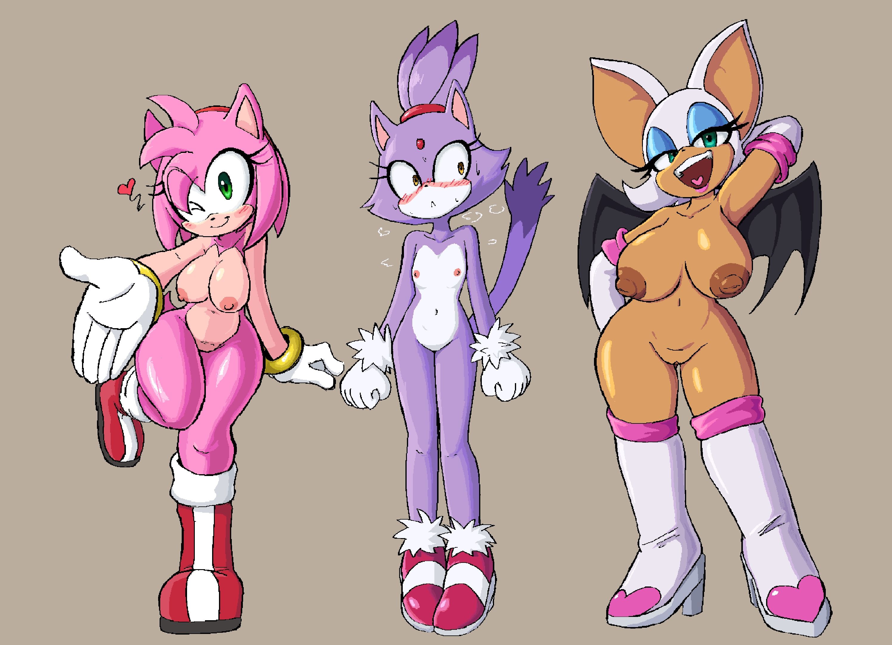 2d, 3girls, amy rose, anthro, areolae, artist request, athletic, athletic female, big breasts, blaze the cat, busty, curvy, curvy figure, female, female focus, female only, fur, furry, hourglass figure, large breasts, nipples, rouge the bat, sega, slim, slim female, slim waist, small breasts, sonic (series), sonic the hedgehog (series), tagme, tail, wide hips