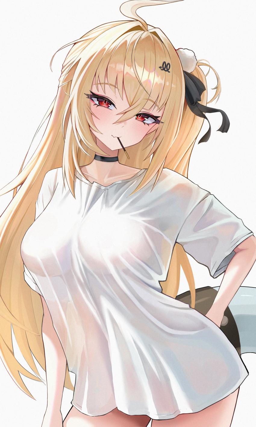 1girl, absurdres, ahoge, big breasts, black choker, blonde hair, breasts, choker, cissia (zenless zone zero), commentary request, hair ornament, highres, large breasts, long hair, looking at viewer, no pants, pom pom (clothes), pom pom hair ornament, red eyes, shirt, simple background, snake girl, snake tail, solo, tail, very long hair, white background, white shirt, zenless zone zero, zzirit6