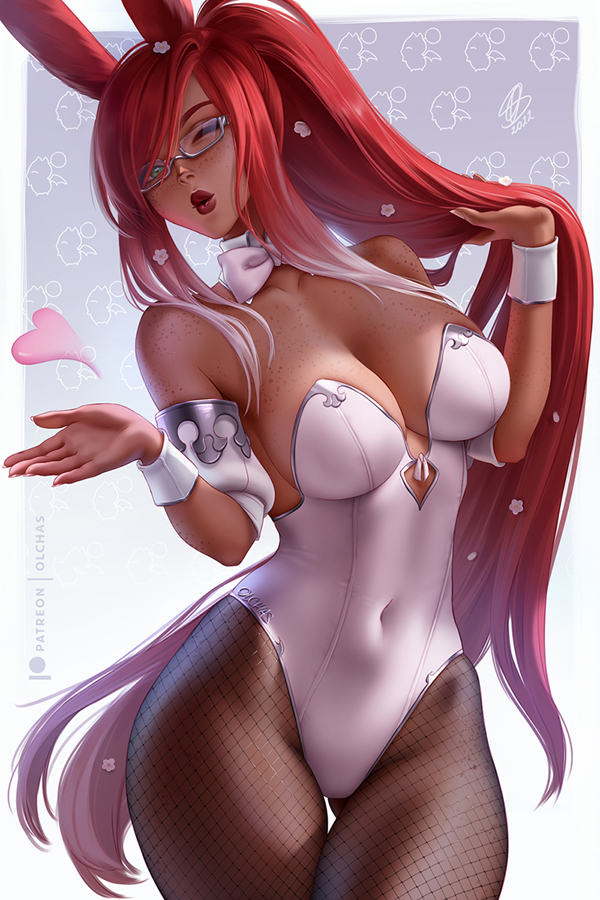 blowing kiss, bunny ears, bunny girl, bunnysuit, cleavage, dark skin, dark-skinned female, female, final fantasy, final fantasy xiv, freckles, freckles on face, glasses, long hair, olchas, original character, red hair, viera, wink, winking