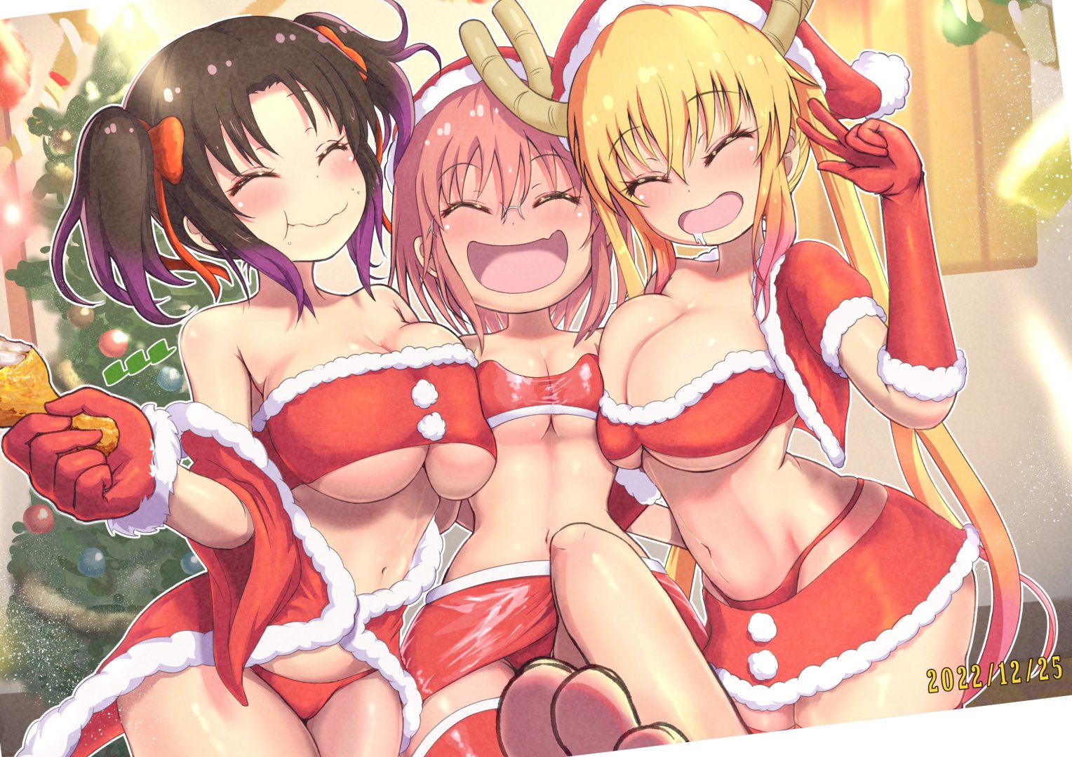 2022, 3girls, asymmetrical docking, bandeau, barefoot, black hair, blonde hair, blush, bow, breast press, breasts, breasts squeezed together, chicken (food), chicken leg, christmas, christmas ornaments, christmas tree, cleavage, closed eyes, coat, commentary, cowboy shot, crop top, cropped jacket, dated, dragon girl, dragon horns, dress, drooling, elbow gloves, elma (dragon maid), elma (maidragon), facing viewer, fang, food, food in mouth, food on face, fried chicken, fur trim, fur-trimmed coat, fur-trimmed gloves, fur-trimmed headwear, fur-trimmed jacket, fur-trimmed skirt, glasses, gloves, gradient hair, hair bow, hand up, hat, holding, holding food, horns, indoors, jacket, kobayashi (maidragon), kobayashi-san chi no maidragon, large breasts, leg up, long hair, long sleeves, lowleg, lowleg skirt, medium breasts, microskirt, multicolored hair, multiple girls, navel, off shoulder, open mouth, panties, panty straps, photo (object), pink hair, purple hair, red bandeau, red coat, red hair, red hat, red panties, red tube top, reiwa rerere, santa costume, santa dress, santa hat, short hair, short sleeves, short twintails, skin fang, skirt, smile, strapless, tohru (dragon maid), tohru (maidragon), tube top, twintails, two-tone hair, underboob, underwear, v, yuri